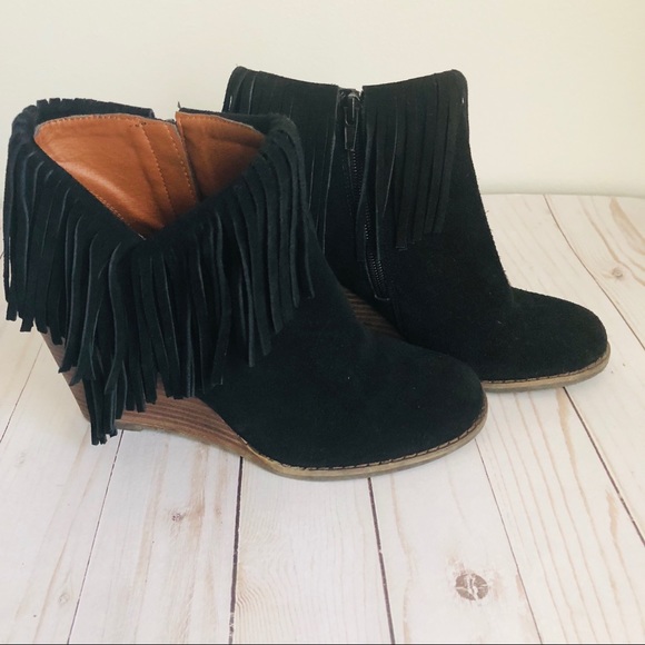 Lucky Brand Shoes - Lucky Brand Yachin Black Suede Fringe Bootie